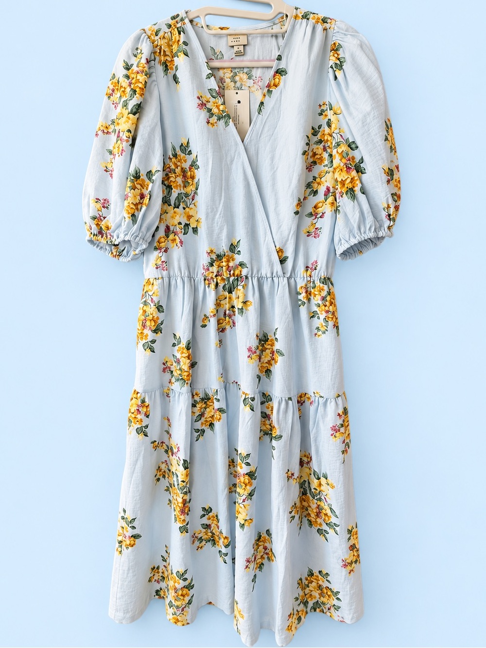 a new day Light Blue Floral Puff-Sleeve Midi Dress  *with pockets*